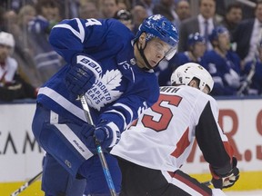 Maple Leafs' Auston Matthews moves the puck against the Senators at the ACc on Wedneday night. (Stan Behal/Toronto Sun/Postmedia Network)