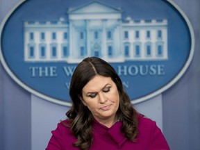 White House press secretary Sarah Huckabee Sanders pauses while speaking to the media during the daily press briefing at the White House, Monday, Jan. 29, 2018, in Washington. (AP Photo/Andrew Harnik)