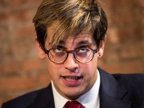 Milo Yiannopoulos speaks during a press conference, February 21, 2017 in New York City.