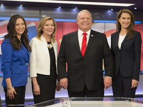 Conservative Party Leadership candidates  Tanya Granic Allen,   Christine Elliott,  Doug Ford and Caroline Mulroney, at TVO studios in Toronto,  where the first leadership debate was held, on Thursday February 15, 2018. Stan Behal/Toronto Sun