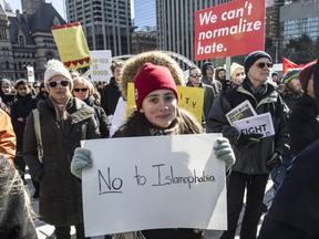 Demonstrators protesting against Islamophobia and for free speech clashed at City Hall in Toronto on Saturday, March 4, 2017.