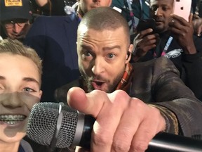 Ryan McKenna is seen with Justin Timberlake during the halftime show at Super Bowl LII.