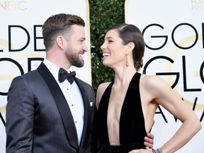 Singer/actor Justin Timberlake (L) and actress Jessica Biel attend the 74th Annual Golden Globe Awards at The Beverly Hilton Hotel on January 8, 2017 in Beverly Hills, California.  (Photo by Frazer Harrison/Getty Images)