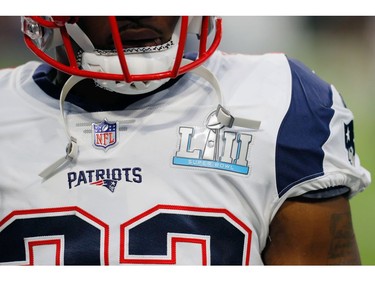 A view of the Super Bowl LII patch on the New England Patriots uniform prior to Super Bowl LII against the Philadelphia Eagles at U.S. Bank Stadium on February 4, 2018 in Minneapolis, Minnesota.