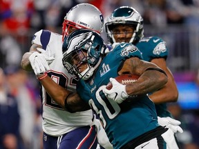 Corey Clement #30 of the Philadelphia Eagles carries the ball on a 55-yard reception against the New England Patriots during the second quarter in Super Bowl LII at U.S. Bank Stadium on February 4, 2018 in Minneapolis, Minnesota.