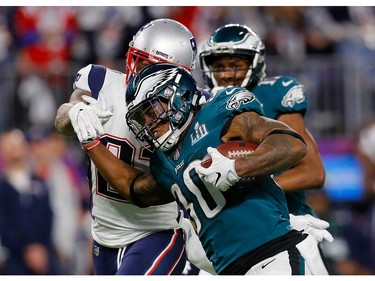 Corey Clement #30 of the Philadelphia Eagles carries the ball on a 55-yard reception against the New England Patriots during the second quarter in Super Bowl LII at U.S. Bank Stadium on February 4, 2018 in Minneapolis, Minnesota.