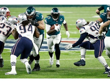 LeGarrette Blount #29 of the Philadelphia Eagles runs with the ball against the New England Patriots during the third quarter in Super Bowl LII at U.S. Bank Stadium on February 4, 2018 in Minneapolis, Minnesota.