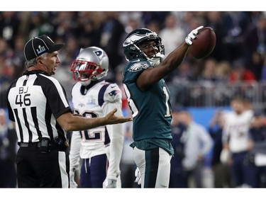 MINNEAPOLIS, MN - FEBRUARY 04: Nelson Agholor #13 of the Philadelphia Eagles reacts during the fourth quarter against the New England Patriots in Super Bowl LII at U.S. Bank Stadium on February 4, 2018 in Minneapolis, Minnesota.