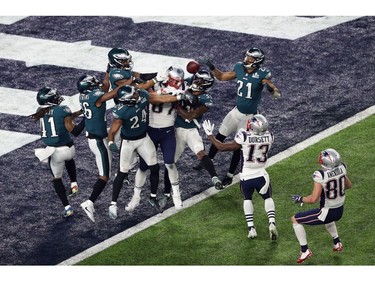 The Philadelphia Eagles intercept an incomplete pass intended for Rob Gronkowski #87 of the New England Patriots to win Super Bowl LII 41-33 at U.S. Bank Stadium on February 4, 2018 in Minneapolis, Minnesota.