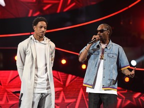 DeMar DeRozan of the  Raptors and Snoop Dogg speak onstage prior to the 2018 Taco Bell Skills Challenge at Staples Center in Los Angeles on Saturday night. 
Kevork Djansezian/Getty Images