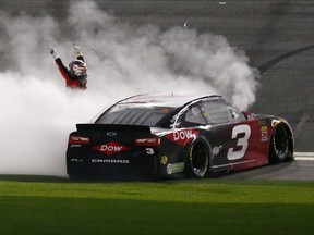 Austin Dillon, driver of the #3 DOW Chevrolet, celebrates winning the Monster Energy NASCAR Cup Series 60th Annual Daytona 500 at Daytona International Speedway on February 18, 2018 in Daytona Beach, Florida.  (Photo by Sarah Crabill/Getty Images)