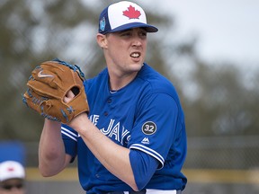 Toronto Blue Jays pitcher Aaron Sanchez throws during spring training in Dunedin, Fla. on Wednesday February 14, 2018. (THE CANADIAN PRESS/Frank Gunn)