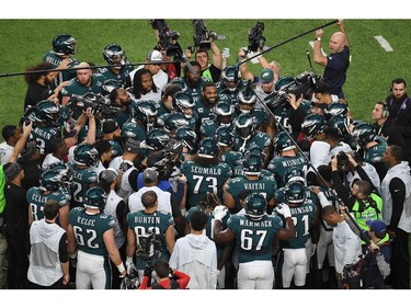 The Philadelphia Eagles huddle prior to the start of Super Bowl LII against the New England Patriots at US Bank Stadium on February 4, 2018 in Minneapolis, Minnesota.