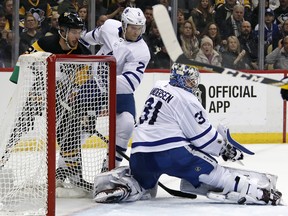 Maple Leafs goaltender Frederik Andersen makes a save on Saturday night in Pittsburgh. (The Associated Press)