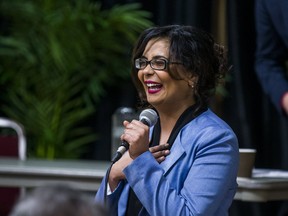 MP Iqra Khalid speaks at an Anti-Racism Town Hall held in the basement of the Grant African Methodist Episcopal Church near Gerrard St. E. and Woodbine Ave. in Toronto, Ont. on Thursday February 22, 2018.