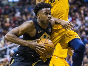 Toronto Raptors' OG Anunoby drives to the basket against the Utah Jazz at the Air Canada Centre in Toronto on Friday January 26, 2018. (Ernest Doroszuk/Toronto Sun)