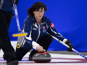 Nova Scotia skip Mary-Anne Arsenault delivers during a match at the Scotties Tournament of Hearts in Penticton, B.C., on Friday, Feb. 2, 2018. (THE CANADIAN PRESS/Sean Kilpatrick)