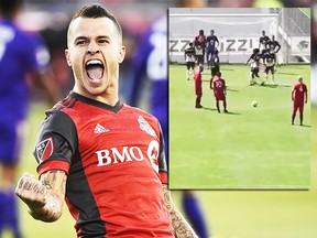 Toronto FC forward Sebastian Giovinco (10) celebrates his goal against Orlando City SC during first half MLS soccer action in Toronto on Wednesday, May 3, 2017. THE CANADIAN PRESS/Nathan Denette