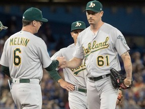Oakland Athletics manager Bob Melvin takes pitcher John Axford out of the game after he loads the bases in the seventh inning of their AL baseball game against the Toronto Blue Jays on July 24, 2017
