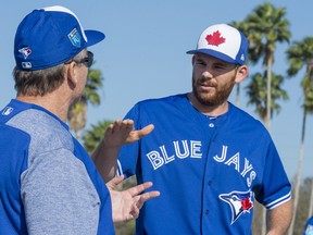 Blue Jays manager John Gibbons has a discussion  with pitcher Joe Biagini in Dunedin, Fla. How serious it is we can only guess. THE CANADIAN PRESS/Frank Gunn