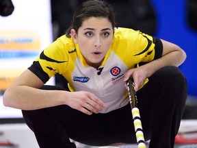 Manitoba third Shannon Birchard calls the sweep while taking on B.C. at the Scotties Tournament of Hearts in Penticton, B.C., on Thursday, Feb. 1, 2018. (THE CANADIAN PRESS/Sean Kilpatrick)