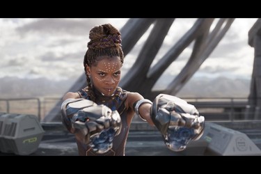 This image released by Disney shows Letitia Wright in a scene from Marvel Studios' "Black Panther." (Matt Kennedy/Marvel Studios-Disney)