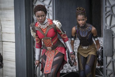 This image released by Disney shows Lupita Nyong'o, left, and Letitia Wright in a scene from Marvel Studios' "Black Panther." (Matt Kennedy/Marvel Studios-Disney)