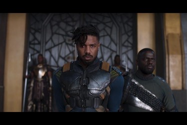 This image released by Disney shows Michael B. Jordan in a scene from Marvel Studios' "Black Panther." (Matt Kennedy/Marvel Studios-Disney)