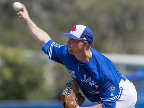 Toronto Blue Jays pitcher Aaron Sanchez pitches to the Detroit Tigers during second inning exhibition baseball action in Dunedin, Fla. on Sunday, February 25, 2018.