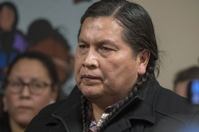 Alvin Baptiste, the uncle of Colten Boushie, looks on during a media event at the Battlefords Agency Tribal Chiefs head office after a jury delivered a verdict of not guilty in the trial of Gerald Stanley, the farmer accused of killing the 22-year-old Indigenous man Colten Boushie, in Battleford, Sask., Friday, February 9, 2018.