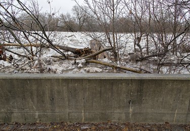 The Grand River, choked with ice and debris is close to the top of a concrete wall along River Road at approximately 9:30 a.m. on Wednesday, February 21, 2018. The city has declared a state of emergency as levels of the Grand River have risen significantly and are expected to peak at 2:00 p.m. today. Brian Thompson/Brantford Expositor/Postmedia Network