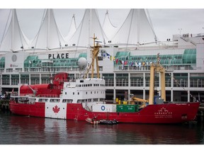 The Polar Prince ship, a massive icebreaker, is seen while moored in Vancouver in this October 23, 2017 file photo.
