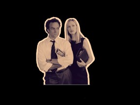 The workplace relationship of Josh and Donna (Bradley Whitford and Janel Moloney) on “The West Wing” can be a challenge to view in this new era. (NBC via Getty Images/Washington Post illustration)