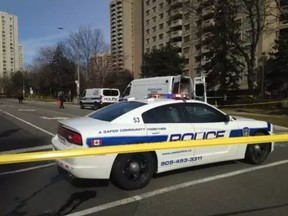 Peel police at the scene on Mississauga Valley Blvd. after a man was fatally shot the night before on March 2, 2017. (Toronto Sun files)