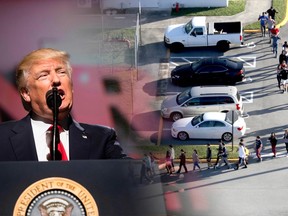In this combination photo, US President Donald Trump arrives to address the National Rifle Association (NRA) Leadership Forum in Atlanta, Georgia on April 28, 2017 and students are evacuated by police from Marjory Stoneman Douglas High School in Parkland, Fla., on Wednesday, Feb. 14, 2018.