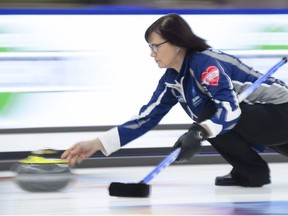 Nova Scotia skip Mary-Anne Arsenault delivers while taking on Northern Ontario at the Scotties Tournament of Hearts in Penticton, B.C., on Saturday, Feb. 3, 2018.