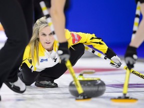 Manitoba skip Jennifer Jones takes on the Wild Card team during the finals at the Scotties Tournament of Hearts in Penticton, B.C., on Sunday, Feb. 4, 2018.