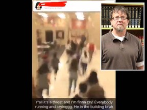 A video posted on Twitter shows students running inside Dalton High School after teacher Jesse Randal Davidson allegedly fired a shot inside a classroom. (Twitter screengrab and Dalton High School photo)