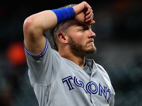 Josh Donaldson of the Blue Jays looks on after being forced out against the Baltimore Orioles at Oriole Park at Camden Yards on August 31, 2017 in Baltimore. (Rob Carr/Getty Images)
