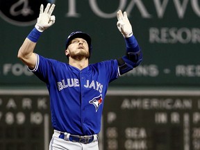 Josh Donaldson of the Toronto Blue Jays celebrates after hitting a home run against the Boston Red Sox at Fenway Park on September 26, 2017 in Boston. (Maddie Meyer/Getty Images)