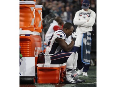 New England Patriots' Matthew Slater sits near the bench during the second half of the NFL Super Bowl 52 football game against the Philadelphia Eagles Sunday, Feb. 4, 2018, in Minneapolis.