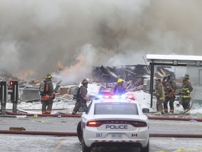 Five people have received injuries and more than 50 were evacuated from a large fire scene and explosion that levelled half the strip mall on the northwest side of Hurontario and Dundas St. E in Mississauga that started around 7:30 a.m.. Mississauga Fire crews battled the scene and were trying to shut down a broken gas line on Sunday February 11, 2018.