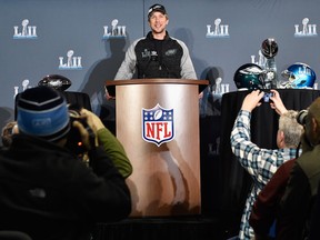 Nick Foles of the Philadelphia Eagles speaks to the media during Super Bowl LII media availability on Feb. 5, 2018 at Mall of America in Bloomington, Minnesota