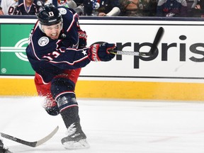 Firing away, Cam Atkinson of the Columbus Blue Jackets has picked up his sluggish scoring pace with his team averaging 45 shots a game recently.  (Photo by Jamie Sabau/NHLI via Getty Images)