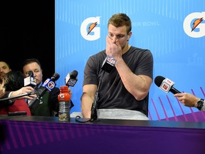 Rob Gronkowski of the New England Patriots speaks to the media after losing to the Philadelphia Eagles 41-33 in Super Bowl LII at U.S. Bank Stadium on Feb. 4, 2018 in Minneapolis