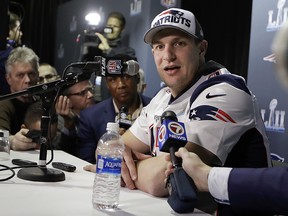 New England Patriots tight end Rob Gronkowski answers questions during a news conference Thursday, Feb. 1, 2018, in Minneapolis. (AP Photo/Mark Humphrey)