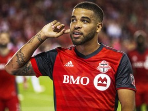 Toronto FC's Jordan Hamilton scores his team's second goal against D.C. United during MLS action at BMO Field in Toronto, Ont. on Saturday June 17, 2017. (Ernest Doroszuk/Toronto Sun/Postmedia Network)