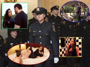 Kristen Hyman is sworn in during a June 8, 2017, ceremony for 27 new officers at the William J. Brennan Courthouse in Jersey City, N.J. Hyman lost her job after the department learned that she previously appeared in bondage films as a dominatrix named Domina Nyx (inset screenshot). (Reena Rose Sibayan /The Jersey Journal via AP/Clubdom.com video screenshots)