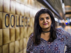 Noora Sagarwala, an "urban angel" who helped the man stabbed with an ice pick at College subway station, poses for a photo on that very subway platform in Toronto, Ont. on Wednesday February 21, 2018.