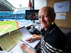 Toronto Blue Jays broadcaster Jerry Howarth overlooks the field from his broadcast booth at the Rogers Centre on June 17, 2017